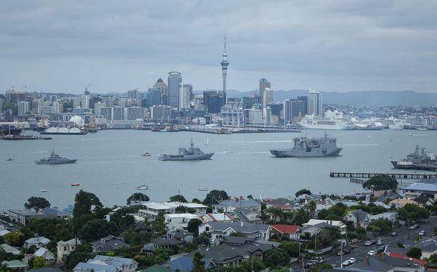 The HMNZS Canterbury and Te Mana frigates seen in Auckland harbour.