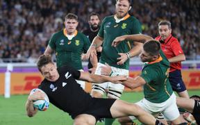 George Bridge (11) of New Zealand tries in the first half during the Pool B match of 2019 Rugby World Cup against South Africa at the International Stadium Yokohama (Nissan Stadium) in Yokohama City, Kanagawa Prefecture on September 21, 2019.   