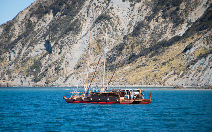 Ngahiraka Mai Tawhiti anchored in Anaura Bay ahead of the overnight sail to Taranganui-a-Kiwa.