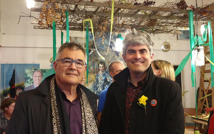 Former Dunedin Mayor Dave Cull with new Dunedin Mayor Aaron Hawkins at a celebration at the Dunedin cafe, Morning Magpie.