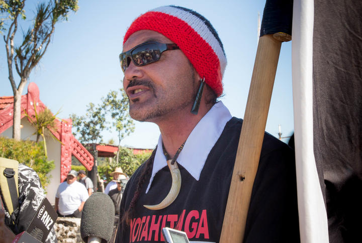 Reti Boynton outside Te Tii Marae leading the hikoi against methamphetamine. 5 February 2017. 
