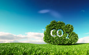 Carbon dioxide emissions control concept. 3d rendering of co2 cloud on fresh spring meadow with blue sky in background.