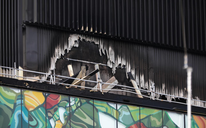 Damage from the SkyCity Convention Centre fire can be seen on the roof.