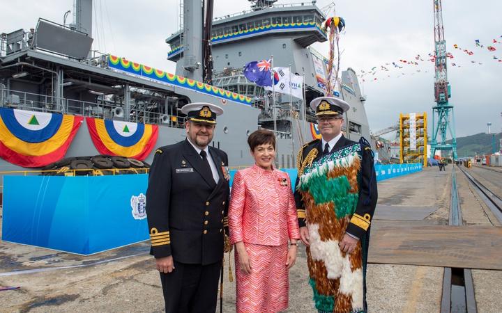 From left, Captain Simon Rooke, Governor-General Dame Patsy Reddy and Chief of Navy Rear Admiral David Proctor at the ship’s naming ceremony yesterday at the Hyundai Shipyard in South Korea.