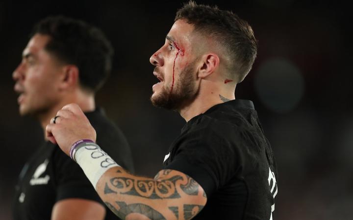 New Zealand's TJ Perenara reacts during the second half of the Semi-Finals in the 2019 Rugby World Cup Japan against England at International Stadium Yokohama in Yokohama, Kanagawa Prefecture on Oct. 26, 2019. 