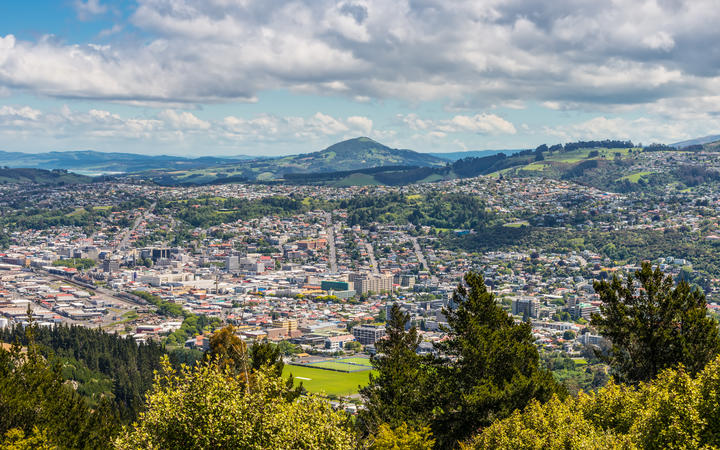 Views towards the city from the lookout at the Centennial Memorial on Signal Hill Dunedin Otago South Island New Zealand