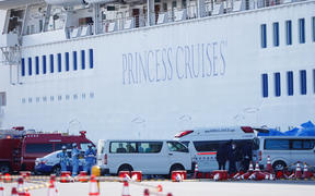 Passenger patients on board the Princess Diamond,  who have tested positive for the novel coronavirus are carried to an ambulance at the Yokohama port.