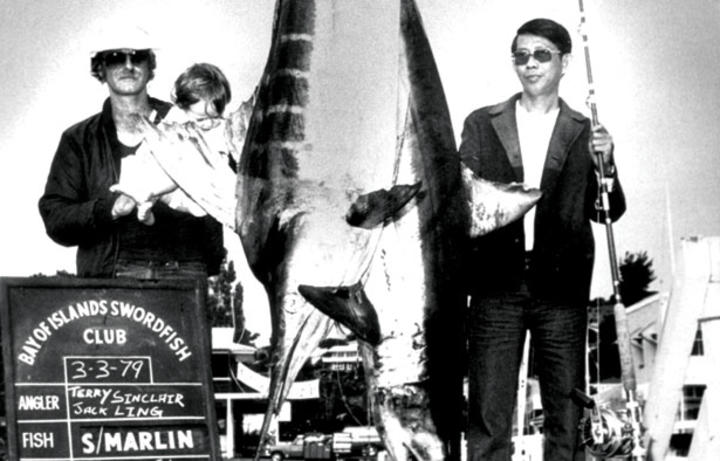 Mr Asia drugs boss Terry Clark (left) in the Bay of Islands, 1979