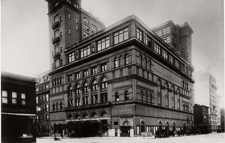 Looking south on Seventh Avenue and 57th Street in Manhattan, the exterior of Carnegie Hall