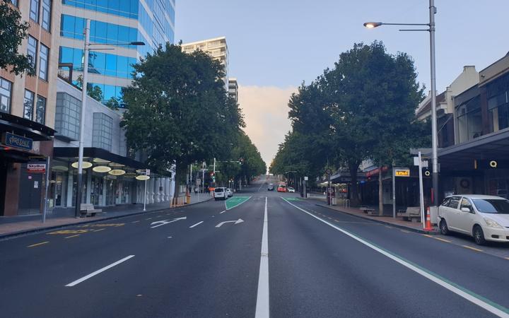 An empty Queen St in Auckland on lockdown 24 March 2020