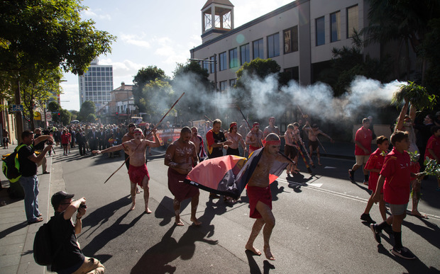 People gather in Redfern, Sydney, for the 10th Coloured Digger Anzac Day march.