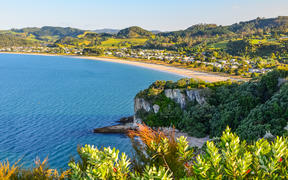 Sunset View of Cooks Beach from Shakespeare Cliff Lookout at Coromandel Peninsula, North Island, New Zealand.