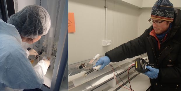 Nancy Bertler melting ice from a core, and Peter Neff measuring its conductivity