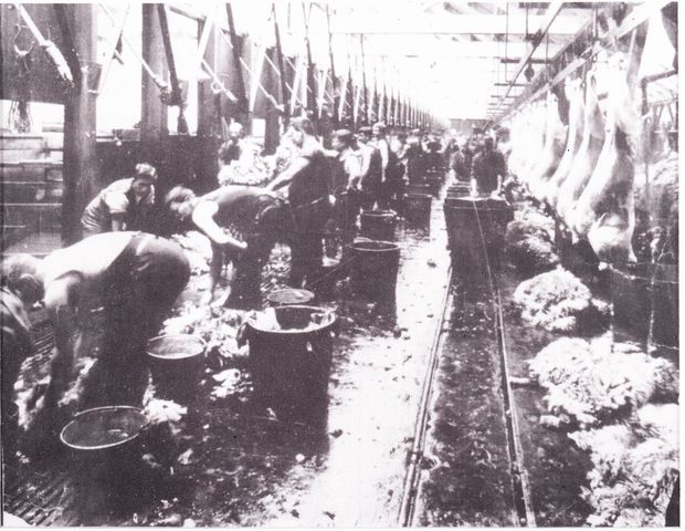 Longburn photo of solo butchers at work in Longburn Freezing Works