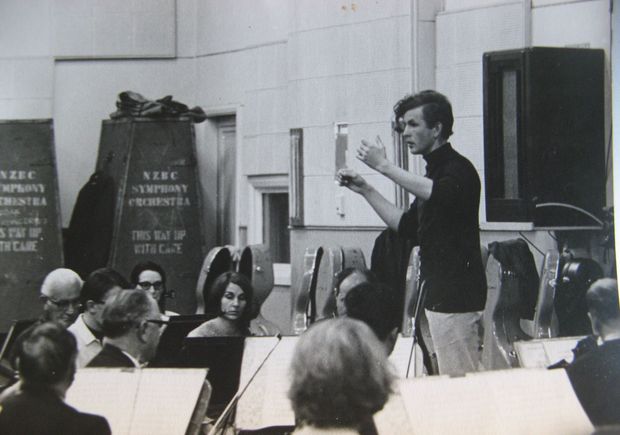 The Conductor Stephen Estall aged rehearsing the NZBC Symphony Orchestra later the New Zealand Symphony Orchestra in Courtesy Tom Shanahan