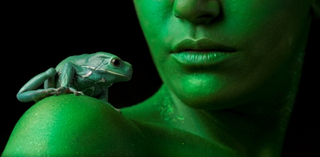 Image of frog and woman from the Metamorphosis exhibition by Robin Moore