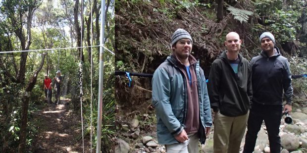 Researchers next to a fine mist-net used for catching birds