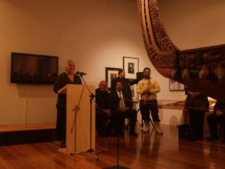 Hon. Tariana Turia addresses the crowd near the prow of the waka Te Heke Rangatira, the largest waka in Te Papa Museums collection, which was restored and returned to Wairarapa for the exhibition.