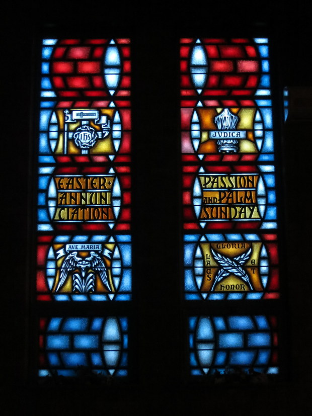Church of the Holy Family, Grand Blanc Michigan, interior stained glass Easter Annuciation Passion and Palm Sunday.