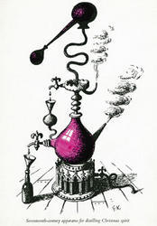 Felix Kelly Christmas Card depicting th Century Apparatus for Distilling Christmas Spirit Private Collection Auckland