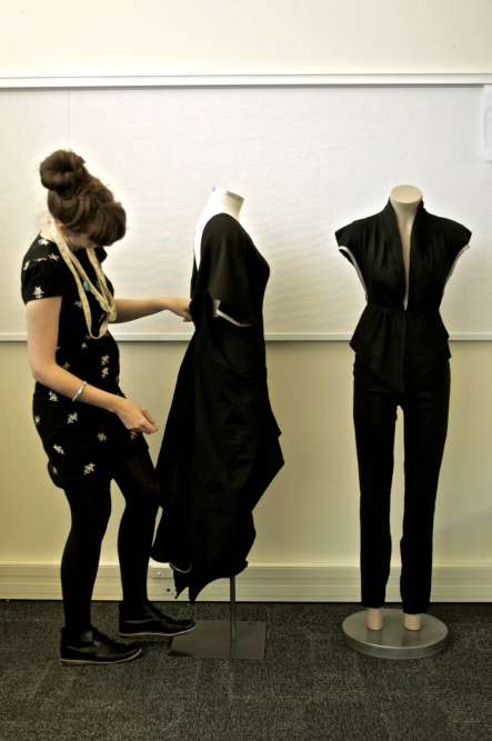 Holly McQuillan and two outfits embedded in a single zero-waste pattern.