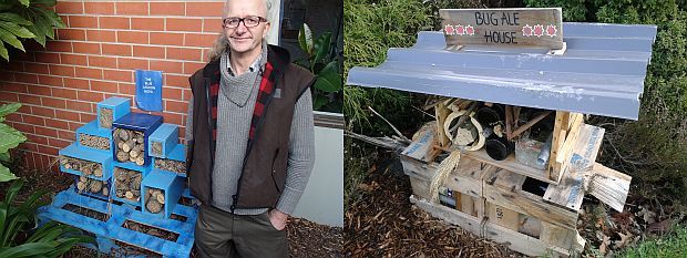 Neil Challenger with the Blue Lagoon bug hotel and the Ale House bug hotel