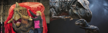 A giant model of a Triceratop and Tyrannosaurus Rex with juvenile.