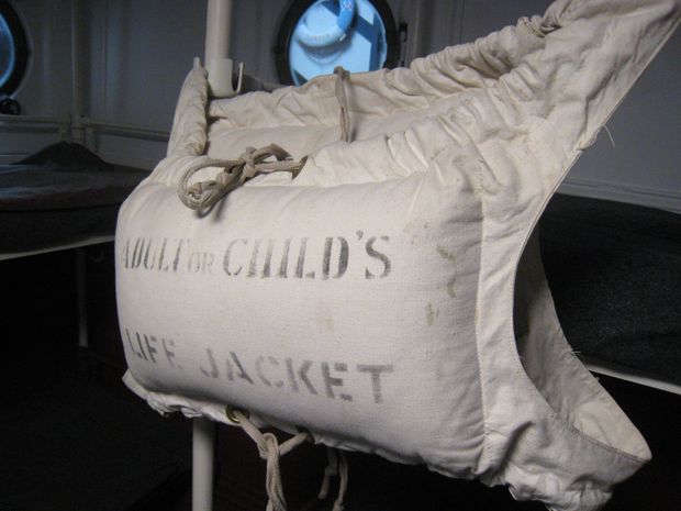 lifesaver A close up of a Salvus Kapok Lifejacket that would have been placed around both a mother and child