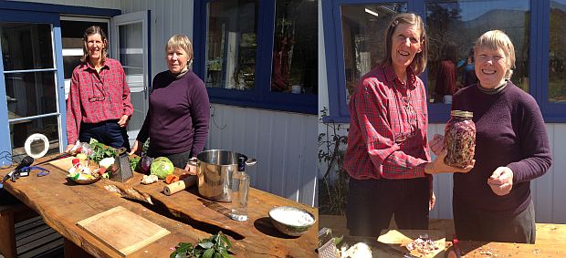 Pip Martin and Emily Williams making sauerkraut