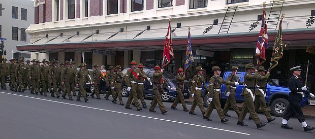 Soliders in period uinform marching as part of commemoration in Dunedin RNZ Gael Woods