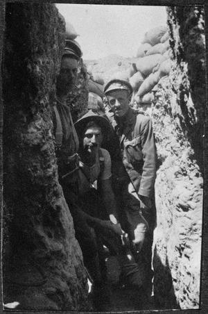 New Zealand World War soldiers in a trench yards from the Turkish trenches in Gallipoli From Duncan Suzanne Family photographs Ref PA o Alexander Turnbull Library