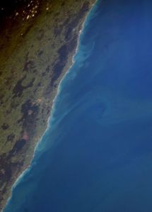 Nasa satellite image of sediment plumes and plankton blooms on Castlepoint coast.