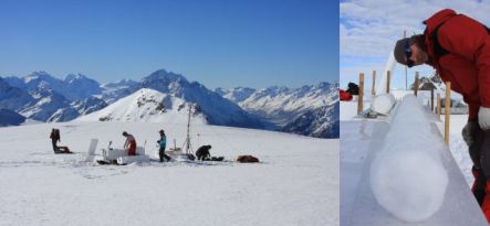 Drilling site with Mount Cook in background, and Julian Thomson inspecting an ice core