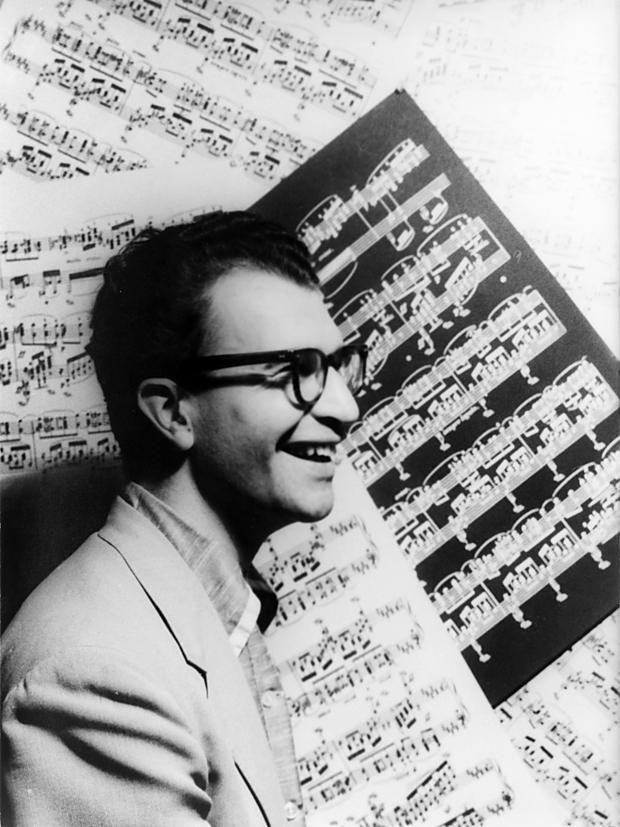 Dave Brubeck with sheet music as backdrop October PD
