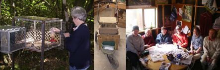 Changing sugar water at a bird feeding station; a cart built from an old pram by the Wednesday Morning Working Group