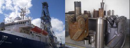 Exterior of drilling ship showing the drill rig and various drill tips