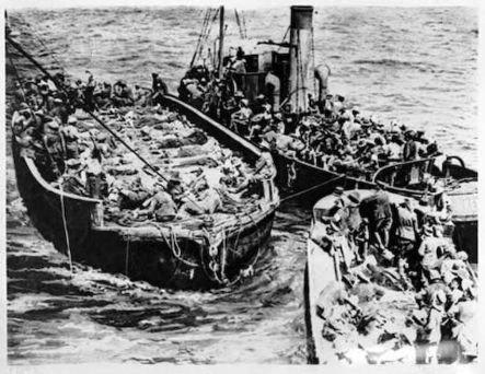 Wounded soldiers being taken to a hospital ship.