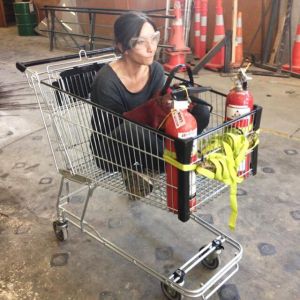 Nanogirl Dr Michelle Dickinson in her fire extinguisher propelled supermarket trolley