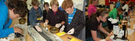 Geology summer school students studying a sediment core