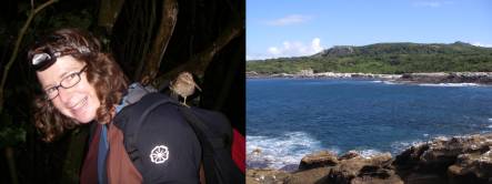 Alison Ballance with a Chatham Island snipe, and view of South East Island from the shore platform
