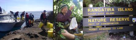 Arriving on South East Island, Abi Liddy weighing a bird, and sign