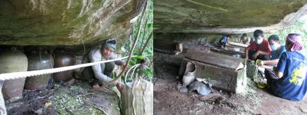 Burial jars on a remote jungle ledge, and stdents working on wooden coffins