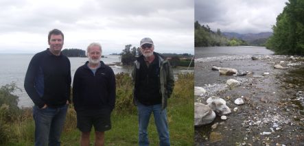 Roger Young, Les basher and Paul Gillespie with Tasman Bay behind, and view up Motueka River from Graham River
