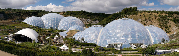 Panoramic view of the geodesic biome domes at the Eden Project photo by Jurgen Matern