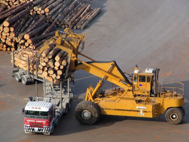 A logstacker a type of reach stacker lifting logs off a truck at Port Chalmers wharf Dunedin New Zealand Photo CC BY Benchill wiki