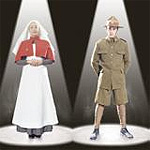 A nurse and a soldier in spotlights.