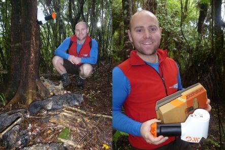 Robbie Greig with possums killed by a self-setting trap in just one week, and holding the Henry possum trap