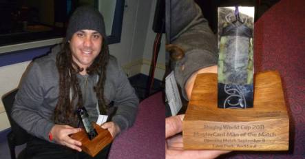 Designer David Hakaraia holding his prototype for Man of the Match Rugby World Cup 2011 trophies, October, 2011.