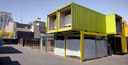 the pop up shopping precinct in central Christchurch looking North