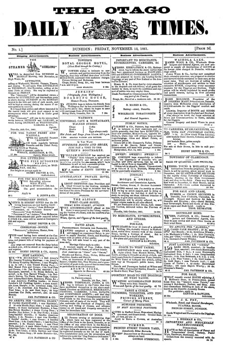 Front page of Otago Daily Times from 15 November 1861